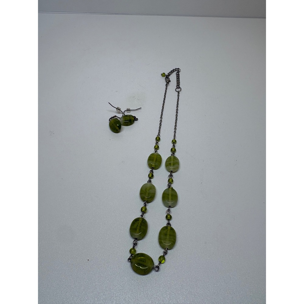 Green Beaded Jewelry Set Necklace and Earring Gunmetal Tone Chain